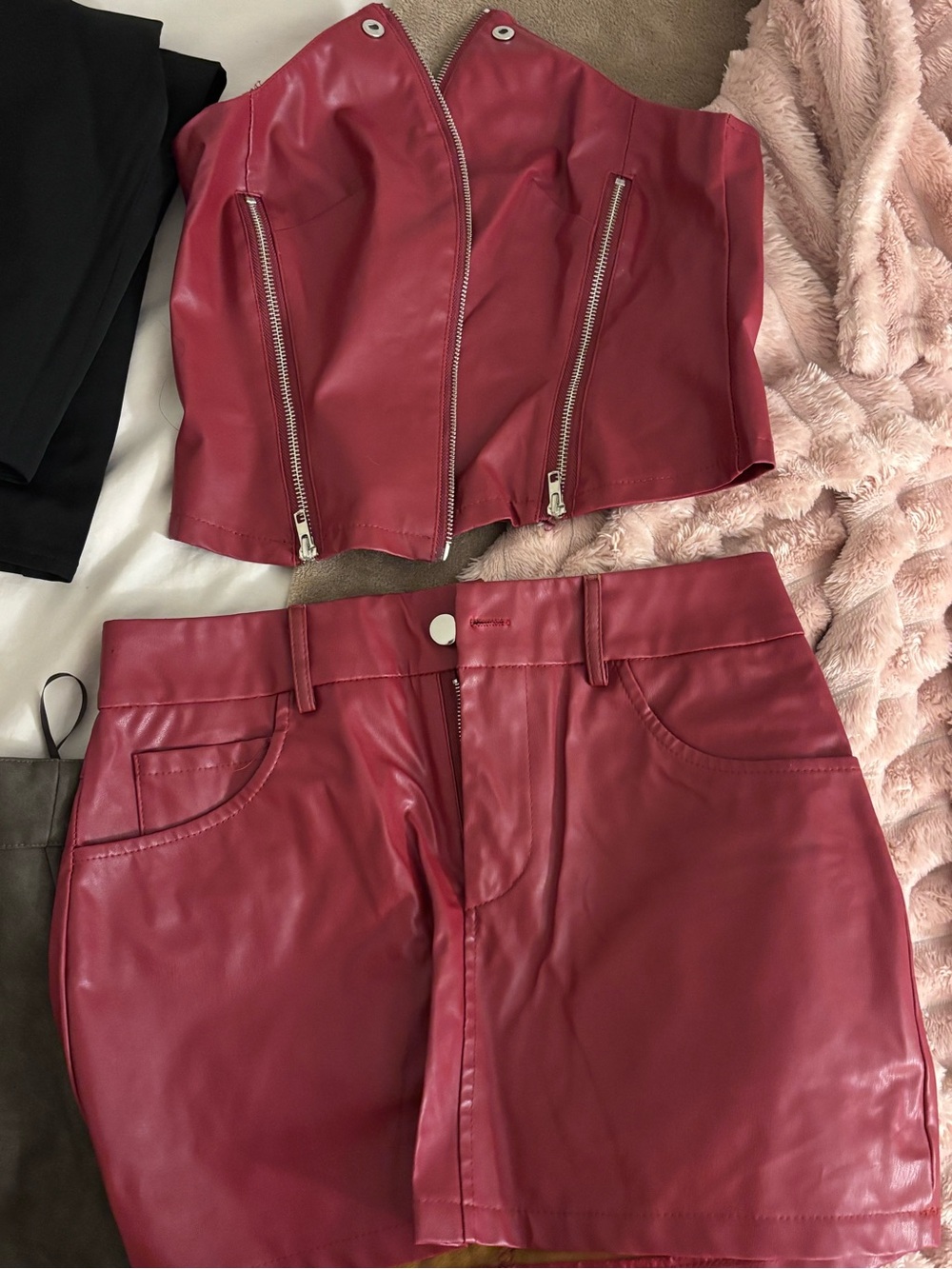 Women Red Leather Skirt & Strapless Top Set
